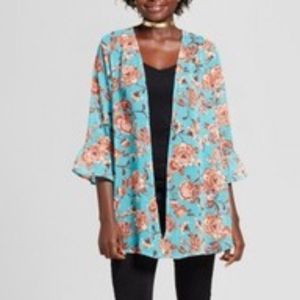 Xhilaration Womens Ruffle Kimono Blue Floral Lightweight Sweater Size Small